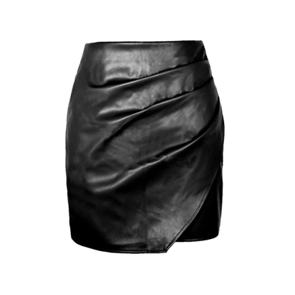 RUCHED FAUX LEATHER MINI SKIRT - BLACK - QUIT//FITBottom