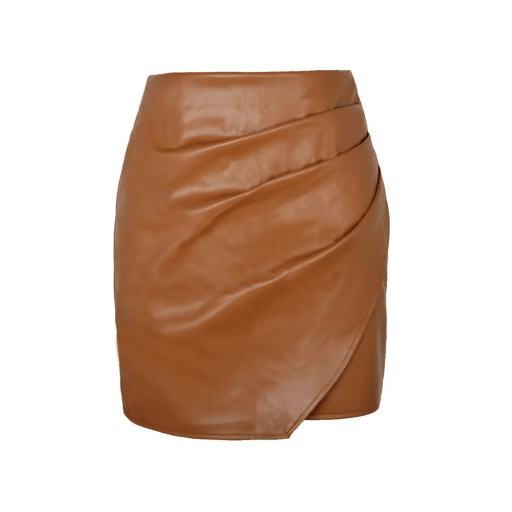 RUCHED FAUX LEATHER MINI SKIRT - TAN - QUIT//FITBottom