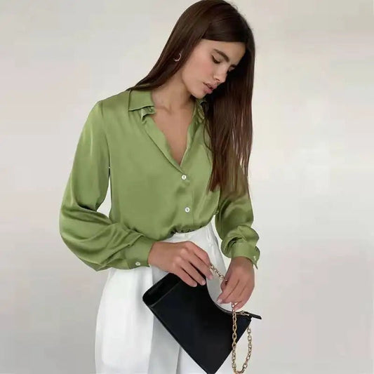 SATIN BUTTON DOWN - OLIVE - QUIT//FITTop