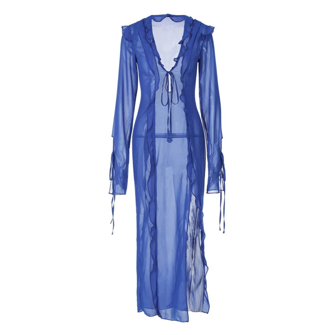 SHEER RUFFLED TIE COVER-UP DRESS - QUIT//FITCover Up